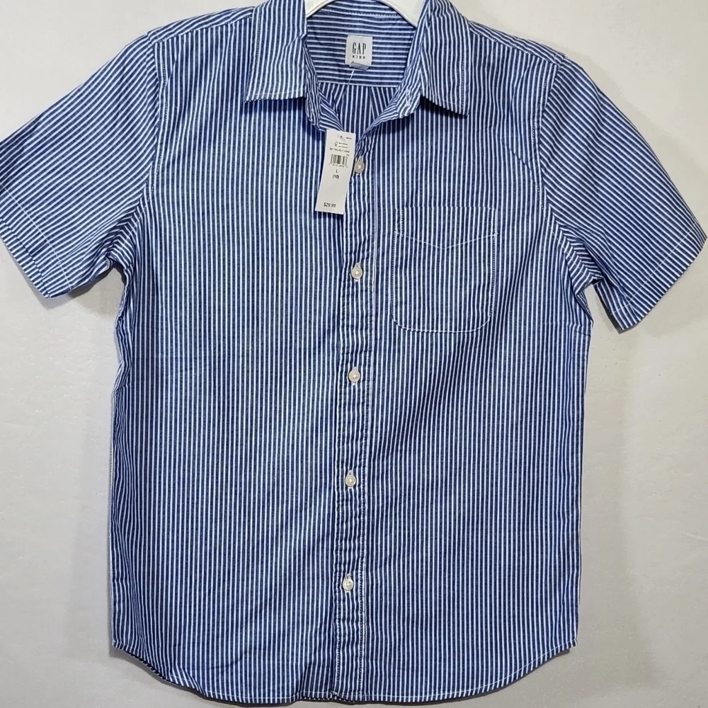 Gap Boys Size 10 Oxford Blue Strip Short Sleeve Collard Button Down Pocket Shirt